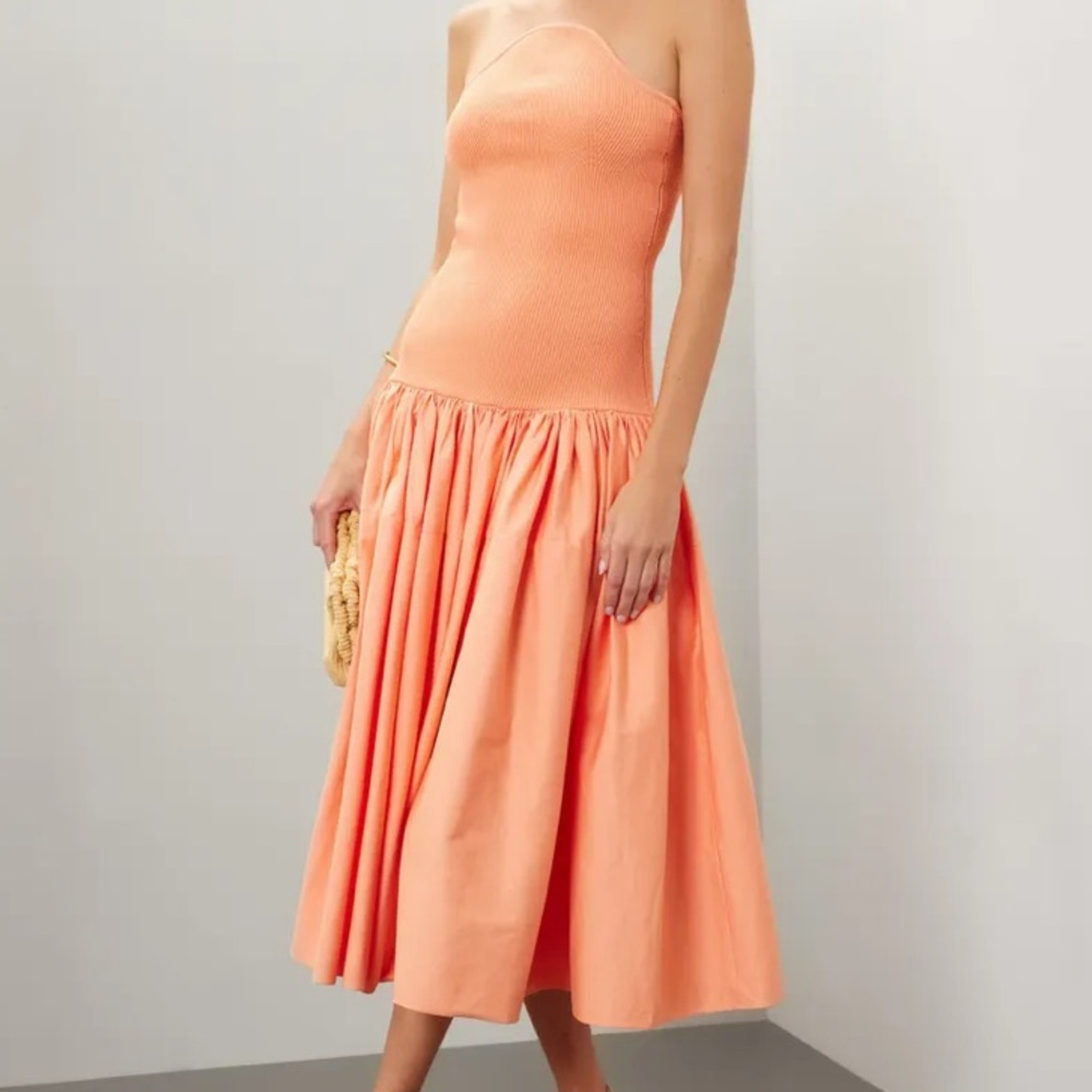 Alexis Strapless Coral Midi Dress